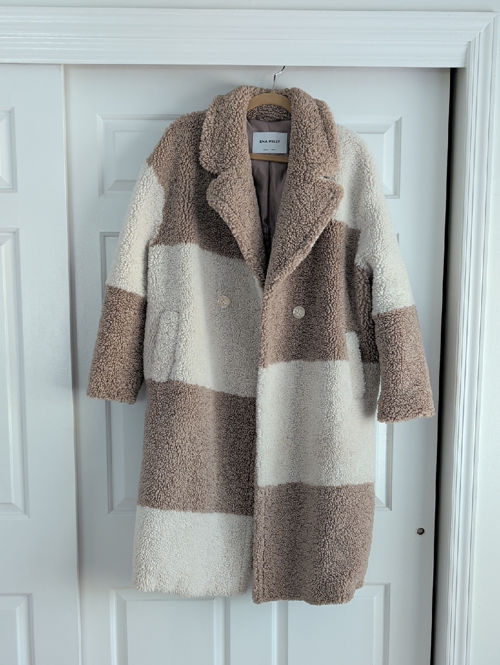 Ena Pelly Two-Tone Teddy Coat in Cream and Brown